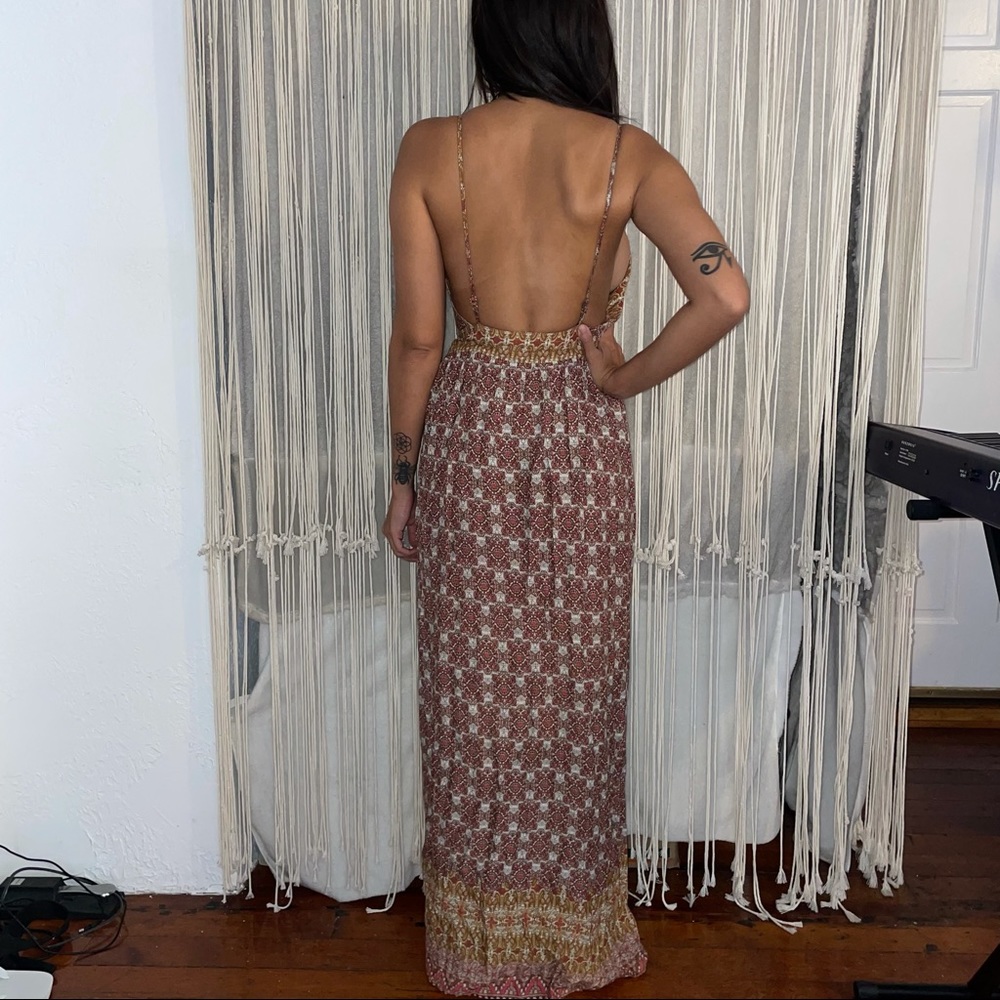 Red Print Slit Maxi Spaghetti Strap Backless Dress